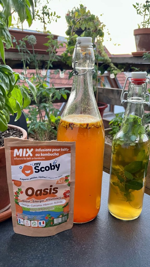 Bouteille de kombucha avec un paquet aromatisation My Scoby